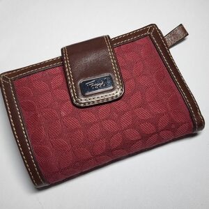 Fossil Red Patterned Canvas And Brown Leather Bifold Wallet